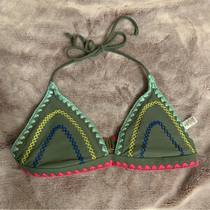 Rue 21 Embroidered Triangle Halter‎ Bikini Swim Top Green Pink - Size M
